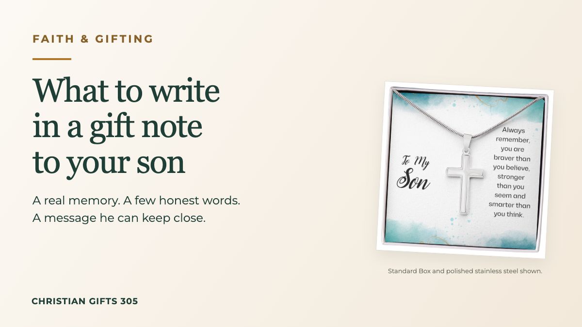 Gift-note ideas for your son alongside the Always Remember cross necklace in its Standard Box.