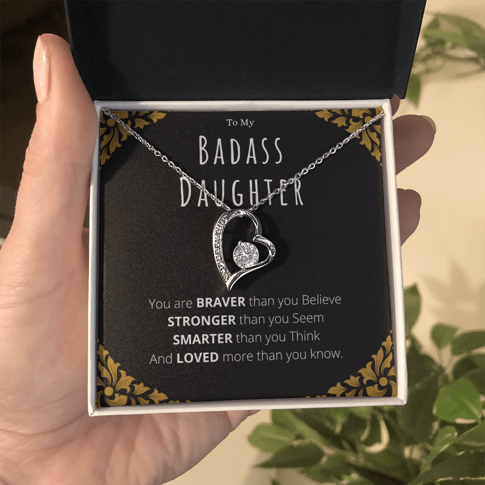 Best Gifts 305-Badass Daughter Necklace White Gold Forever Love Pendant from Mom or Dad