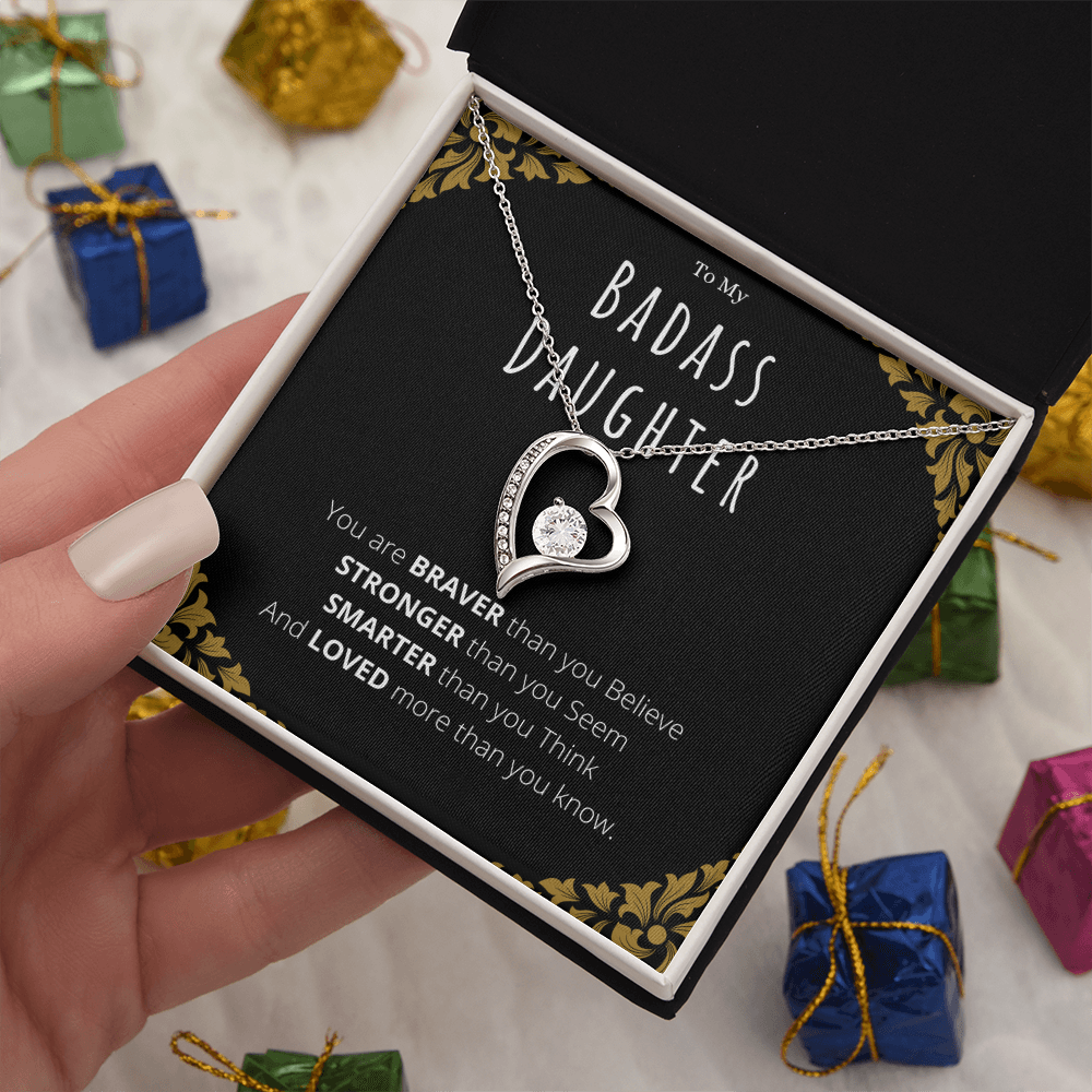 Best Gifts 305-Badass Daughter Necklace White Gold Forever Love Pendant from Mom or Dad