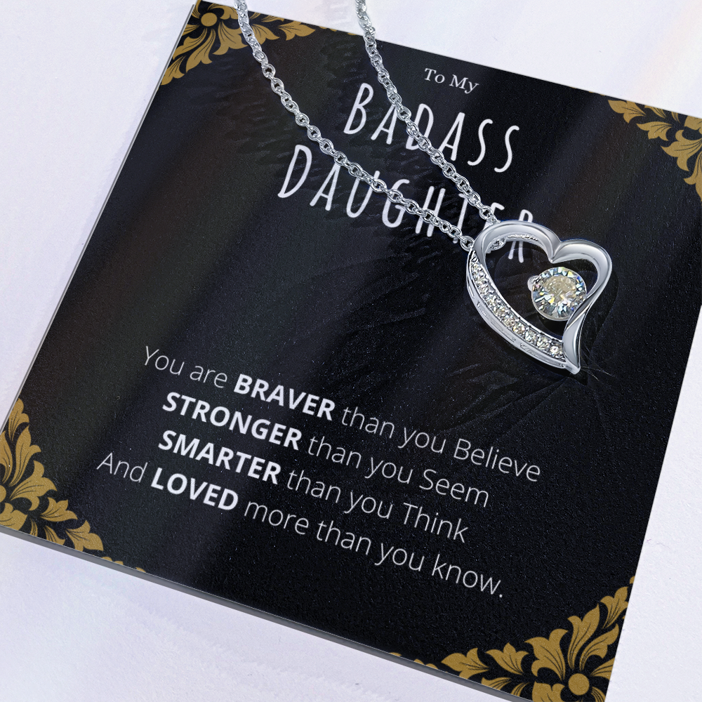 Best Gifts 305-Badass Daughter Necklace White Gold Forever Love Pendant from Mom or Dad
