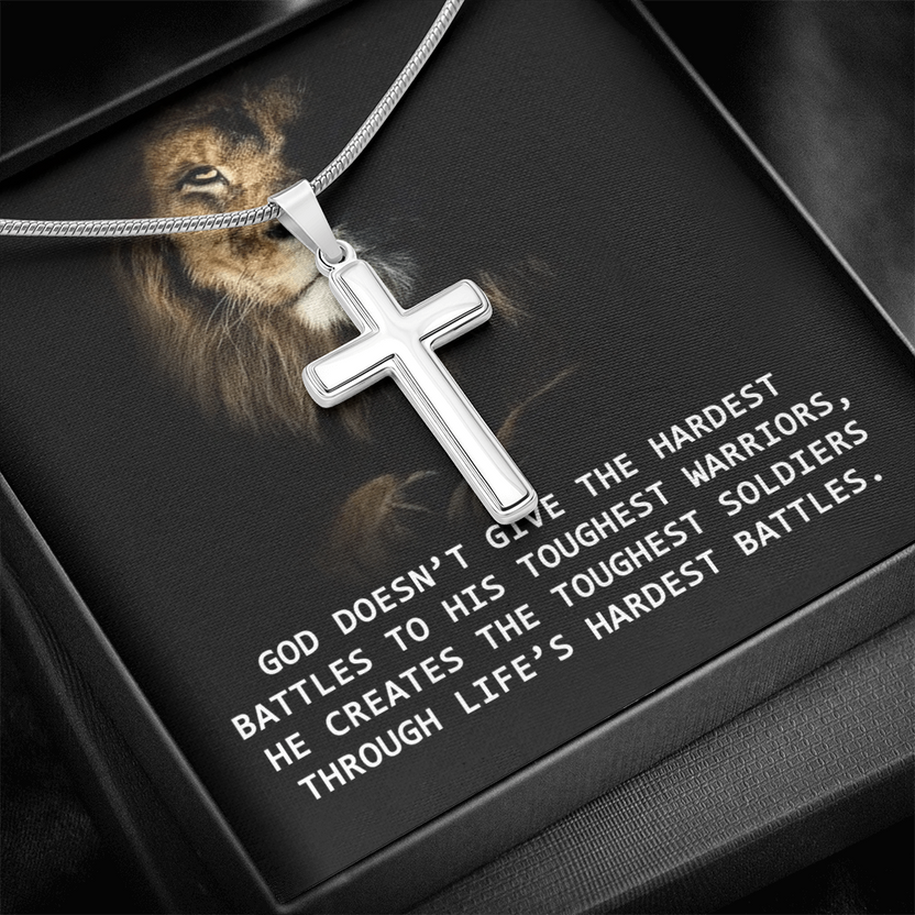 Polished stainless steel Faith Warrior cross with the lion message card