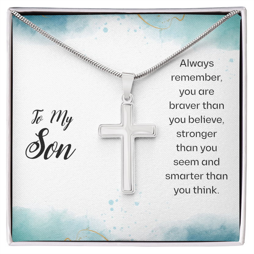 Always Remember cross necklace in polished stainless steel with its printed message card and Standard Box