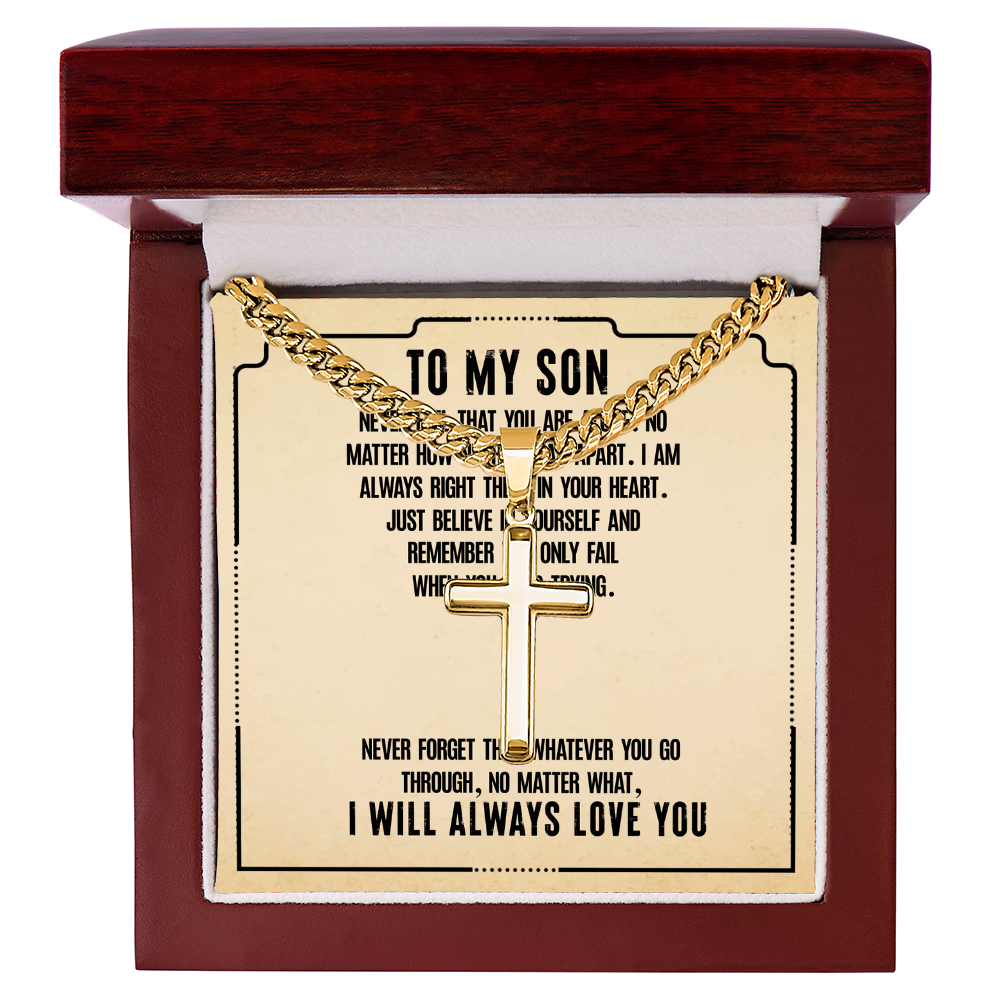 To My Son, Artisan Cross with Cuban Link Chain Necklace Gift For Son, Believe In Yourself Son, I Love You Son, 18th Birthday Gift Son, Mom To Son Gift Ideas, Father Son Message Card Gift by Best Gifts 305