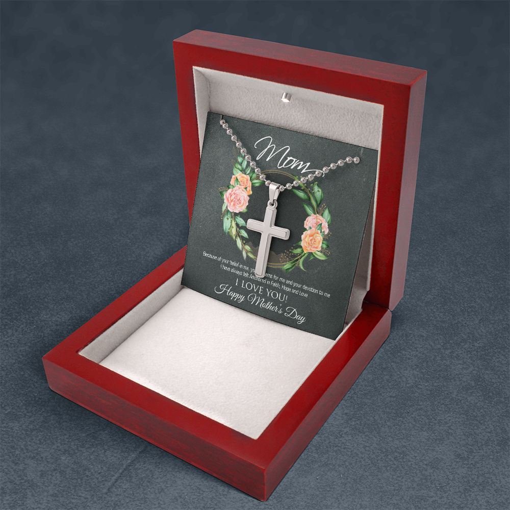 Mom Cross Necklace Stainless Steel with Faith Message Card, Christian Mother’s Day Gift from Daughter or Son