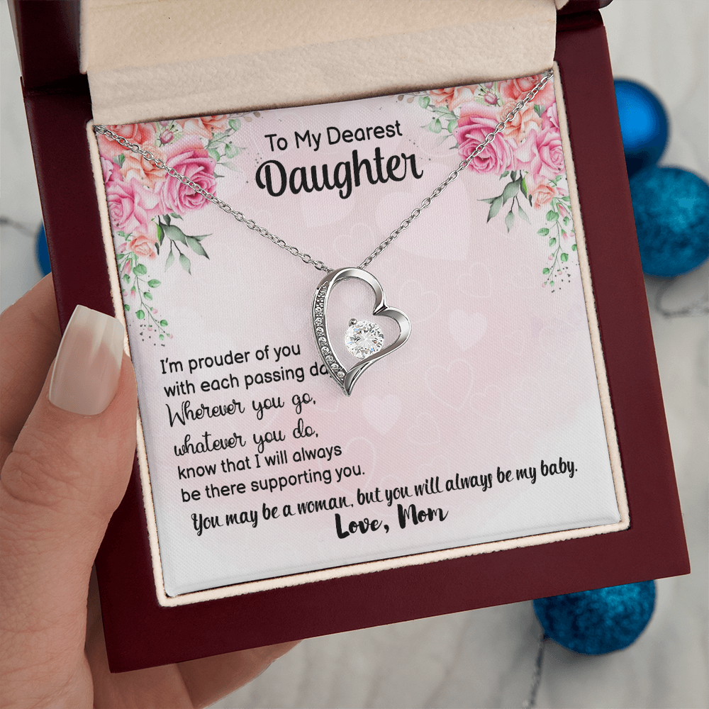 To My Dearest Daughter Forever Love Necklace from Mom – Heart Pendant CZ Crystal Gift for Daughter Birthday Jewelry