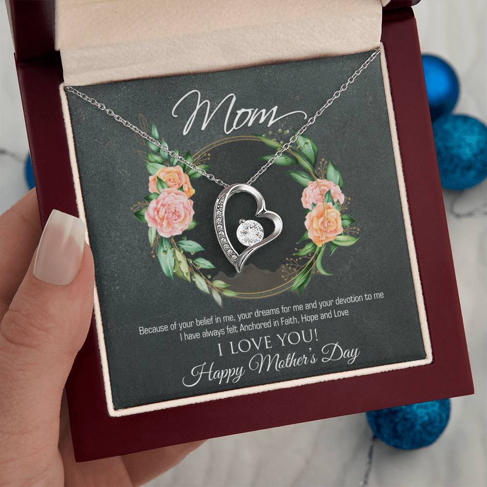 Forever Love Necklace for Mom - 6.5mm CZ Heart Pendant in White Gold or Yellow Gold Finish - Adjustable 18-22" Chain - Mother's Day Gift