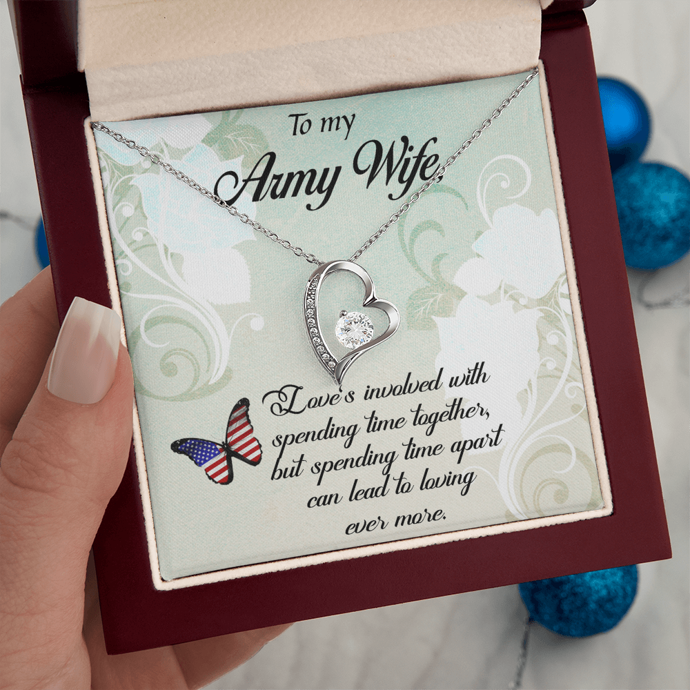 Forever Love Necklace for Army Wife – Heart CZ Pendant, White or Yellow Gold Finish, Romantic Gift for Her