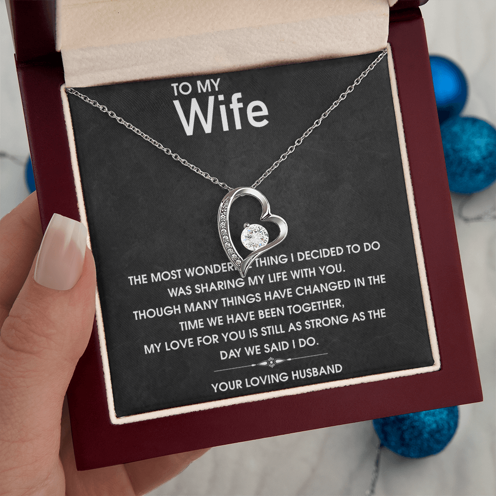 Forever Love Necklace for Wife, CZ Heart Pendant, Anniversary Gift, 14k White Gold or 18k Yellow Gold, Adjustable Chain