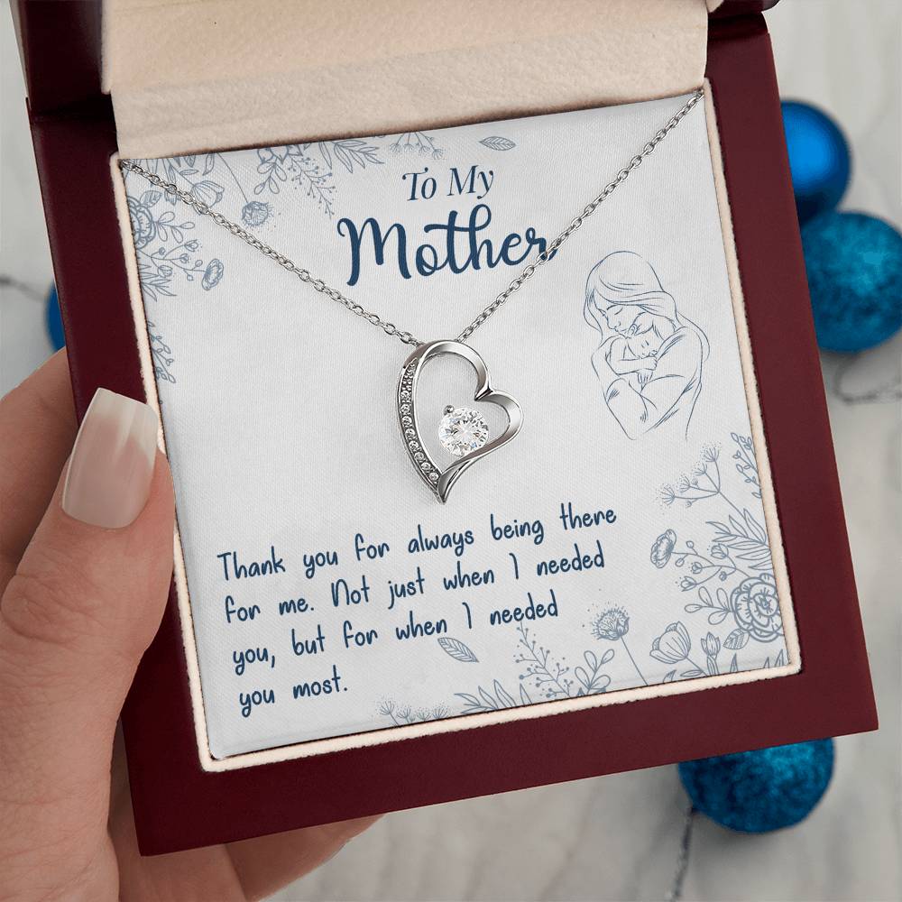 To My Mother Forever Love Necklace – Heart Pendant with Cubic Zirconia, 14K White or 18K Yellow Gold Finish – Inspirational Gift for Mom