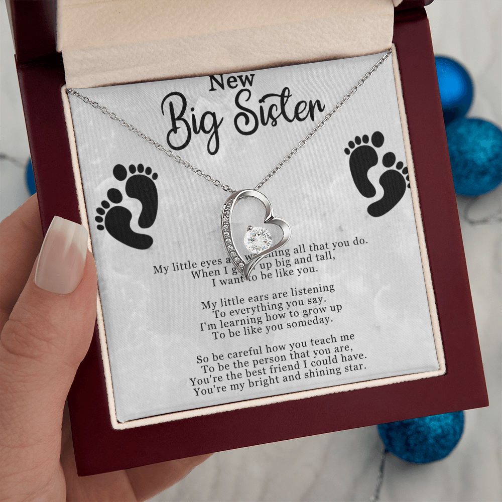 New Big Sister Necklace - Forever Love Pendant with CZ Crystal - Inspirational Gift for Big Sister - 14k White Gold or 18k Yellow Gold Finish - Adjustable Chain