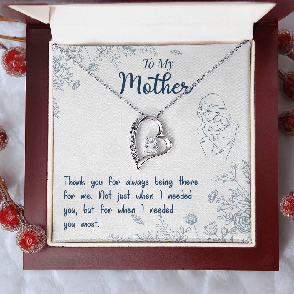 To My Mother Forever Love Necklace – Heart Pendant with Cubic Zirconia, 14K White or 18K Yellow Gold Finish – Inspirational Gift for Mom