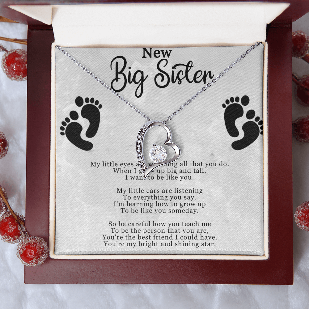 New Big Sister Necklace - Forever Love Pendant with CZ Crystal - Inspirational Gift for Big Sister - 14k White Gold or 18k Yellow Gold Finish - Adjustable Chain