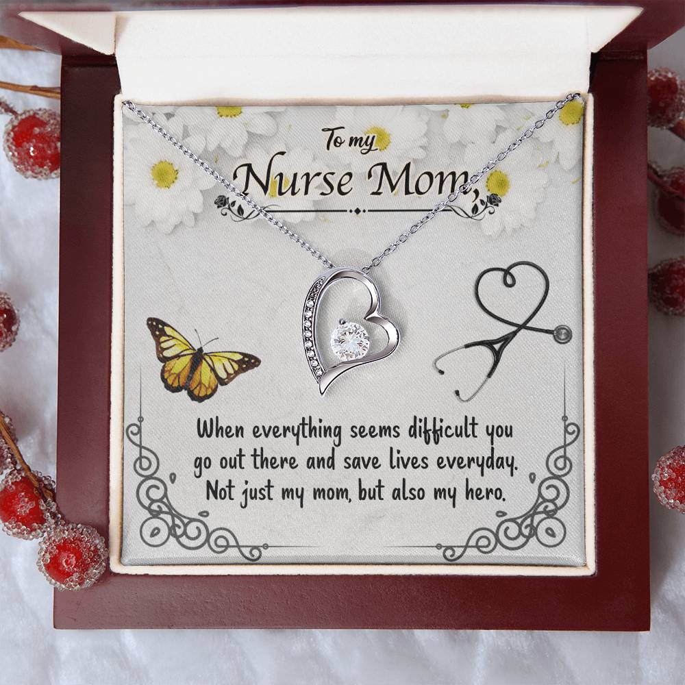 To My Nurse Mom – Forever Love Necklace with CZ Crystal Pendant, Inspirational Gift for Nurses, Hero Mom Jewelry, 14K White or Yellow Gold