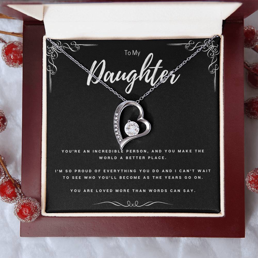 To My Daughter Necklace – Forever Love Heart Pendant with CZ Stone, Meaningful Gift from Mom or Dad