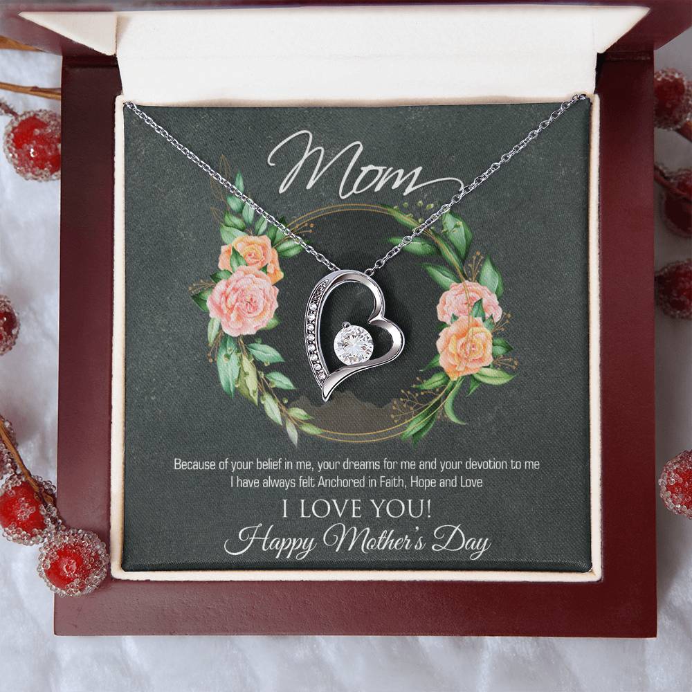 Forever Love Necklace for Mom - 6.5mm CZ Heart Pendant in White Gold or Yellow Gold Finish - Adjustable 18-22" Chain - Mother's Day Gift