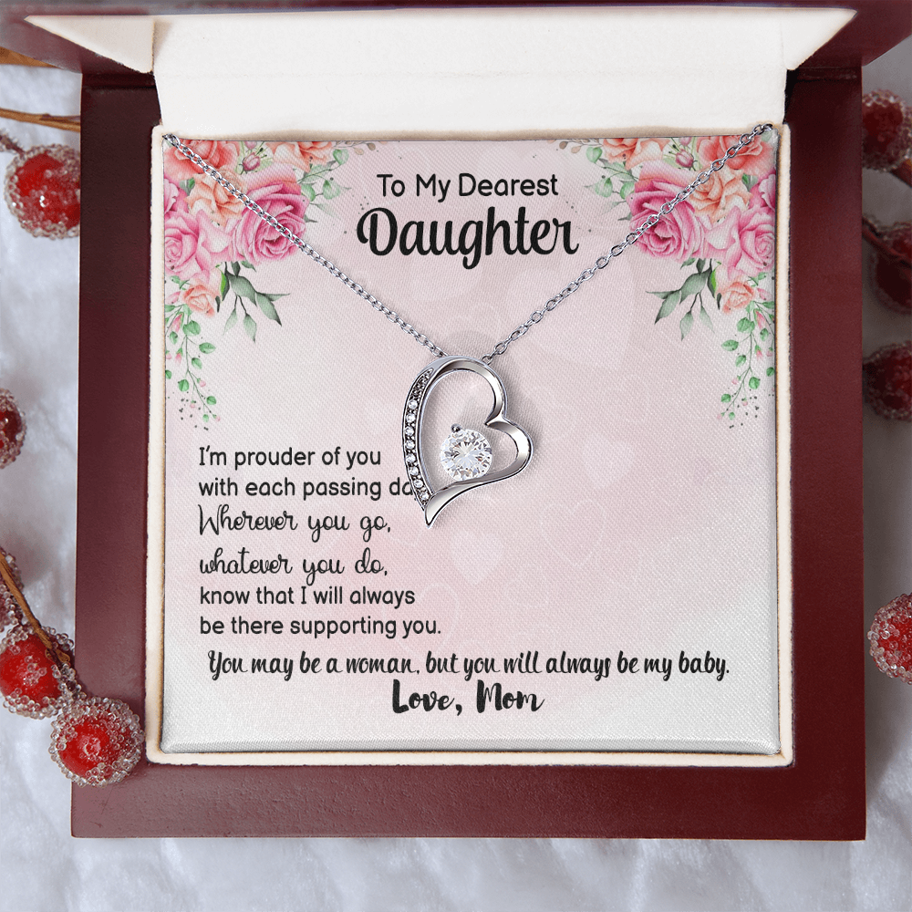To My Dearest Daughter Forever Love Necklace from Mom – Heart Pendant CZ Crystal Gift for Daughter Birthday Jewelry