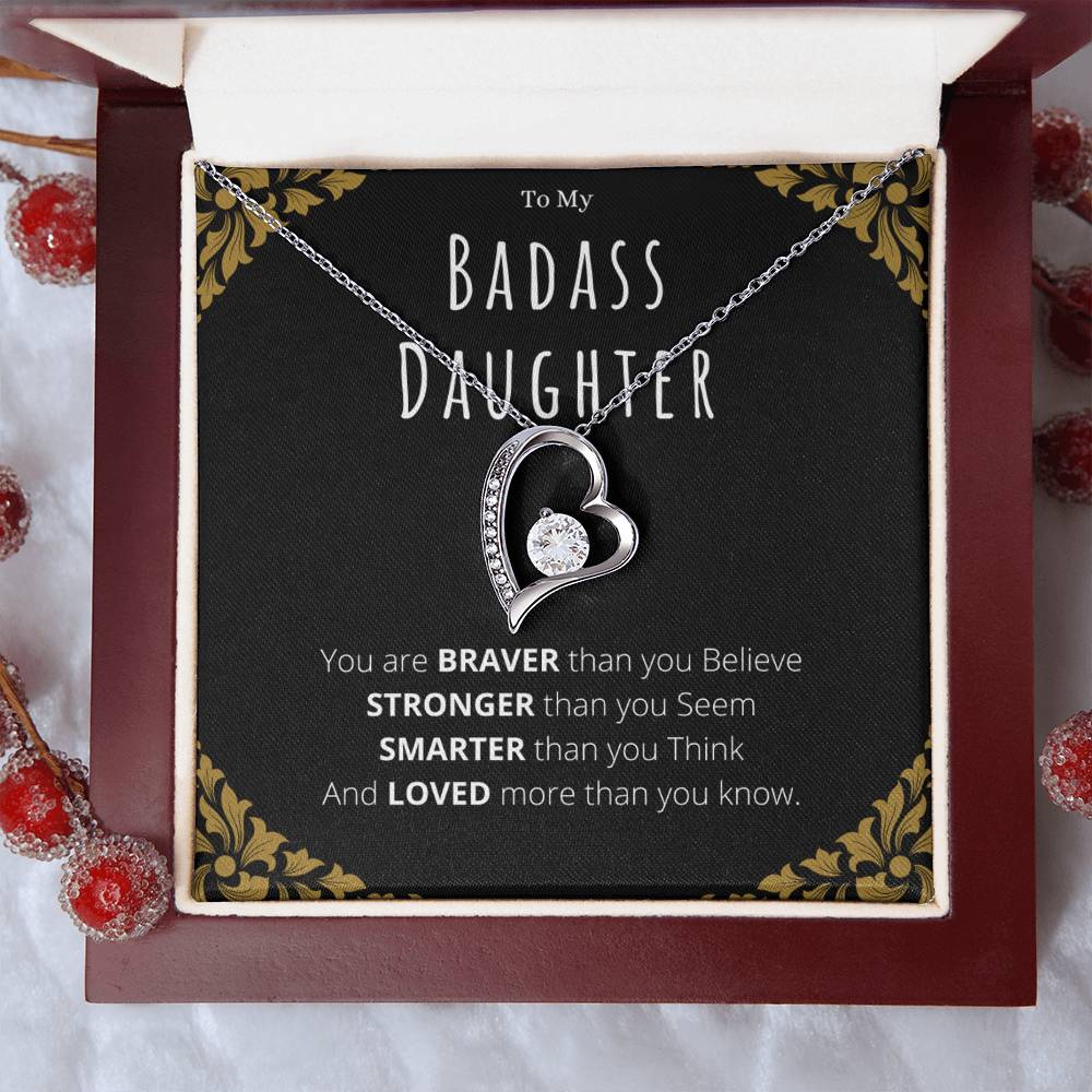 Badass Daughter Necklace Gift – White Gold Forever Love CZ Pendant from Mom or Dad