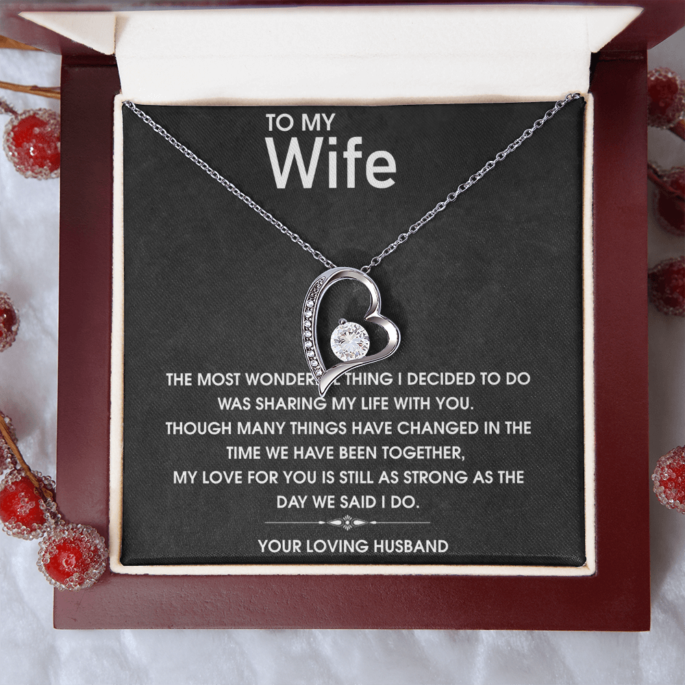 Forever Love Necklace for Wife, CZ Heart Pendant, Anniversary Gift, 14k White Gold or 18k Yellow Gold, Adjustable Chain