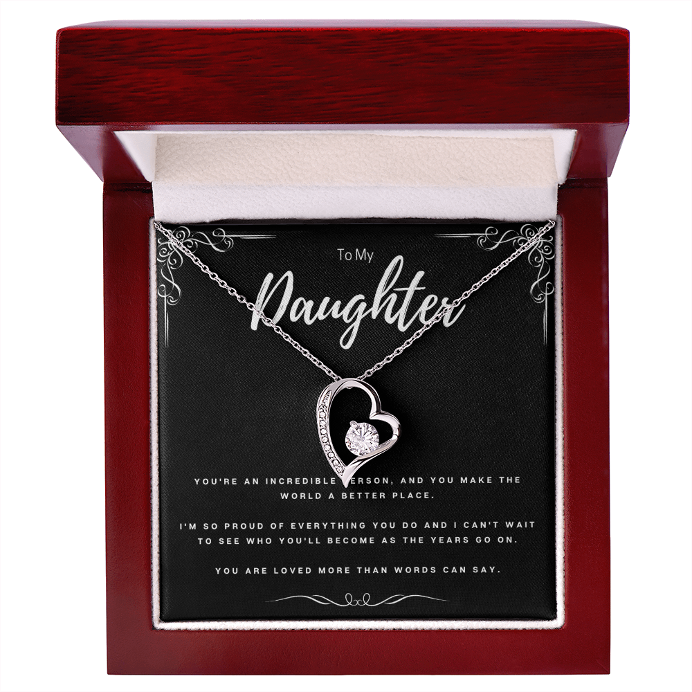 To My Daughter Necklace – Forever Love Heart Pendant with CZ Stone, Meaningful Gift from Mom or Dad