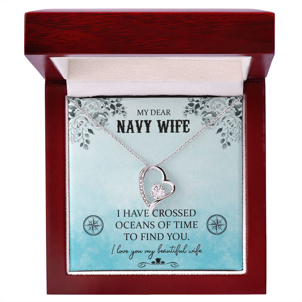 My Dear Navy Wife Forever Love Necklace – 6.5mm CZ Crystal Heart Pendant, Adjustable 18-22" Chain, White or Yellow Gold Finish, Romantic Gift for Wife