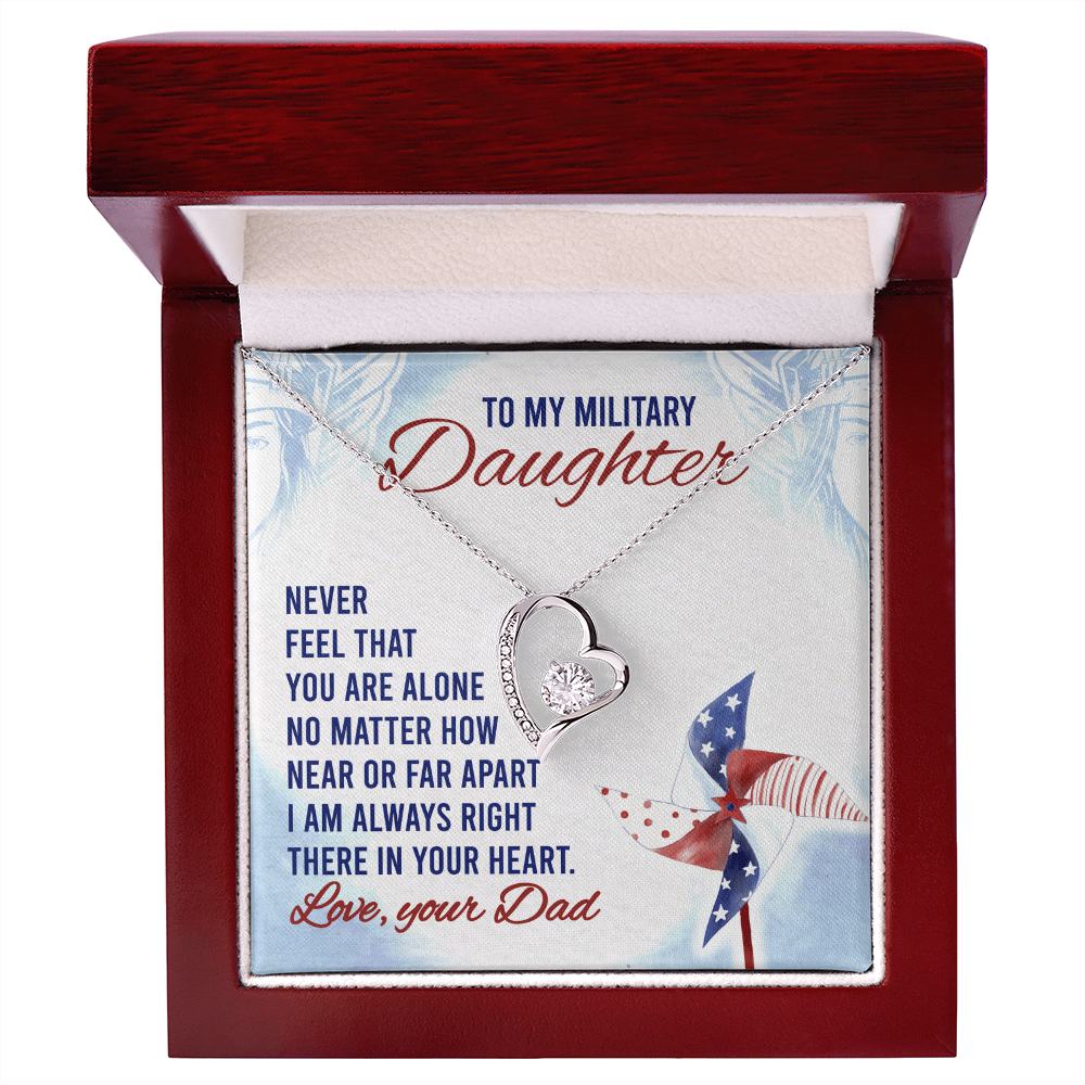 To My Military Daughter Forever Love Necklace – 14k White or 18k Yellow Gold, Cubic Zirconia Heart Pendant with Adjustable Chain – Perfect Gift from Dad, Military Daughter Gift