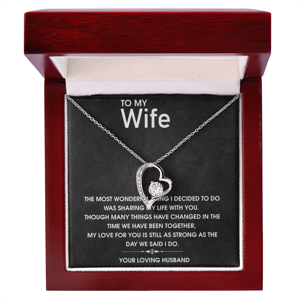 Forever Love Necklace for Wife, CZ Heart Pendant, Anniversary Gift, 14k White Gold or 18k Yellow Gold, Adjustable Chain