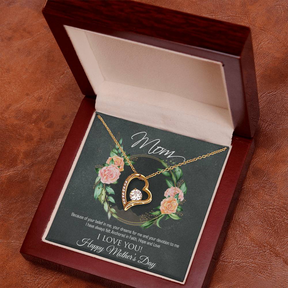 Forever Love Necklace for Mom - 6.5mm CZ Heart Pendant in White Gold or Yellow Gold Finish - Adjustable 18-22" Chain - Mother's Day Gift