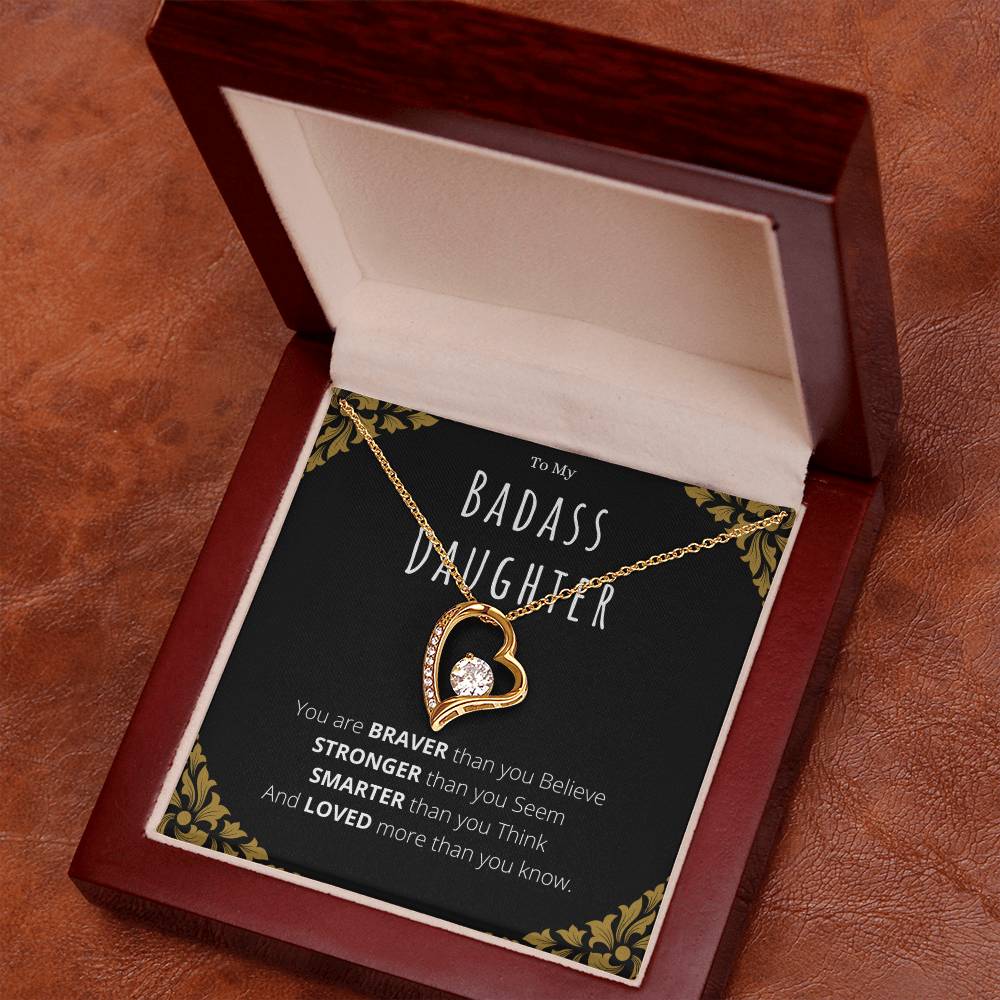Badass Daughter Necklace Gift – White Gold Forever Love CZ Pendant from Mom or Dad