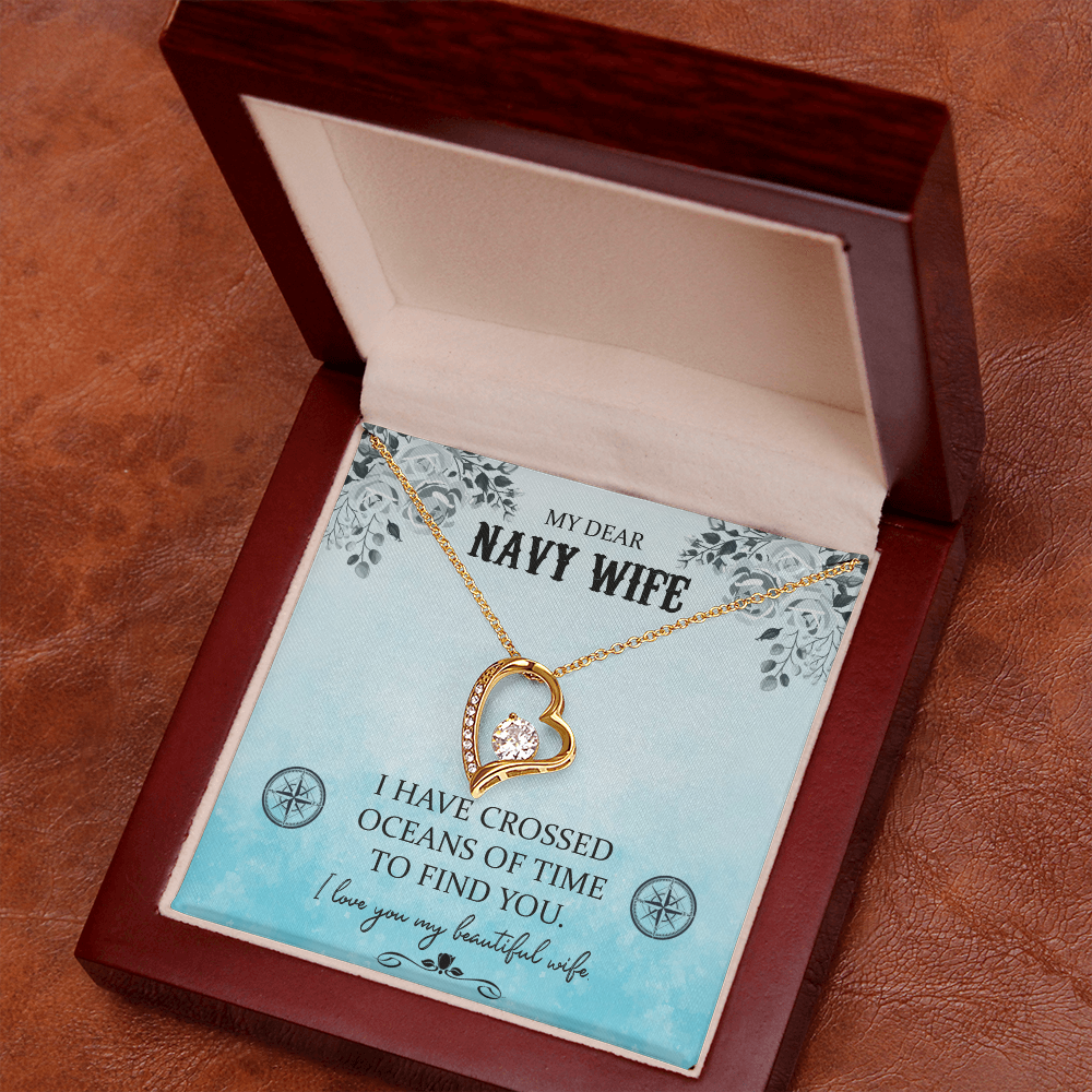 My Dear Navy Wife Forever Love Necklace – 6.5mm CZ Crystal Heart Pendant, Adjustable 18-22" Chain, White or Yellow Gold Finish, Romantic Gift for Wife