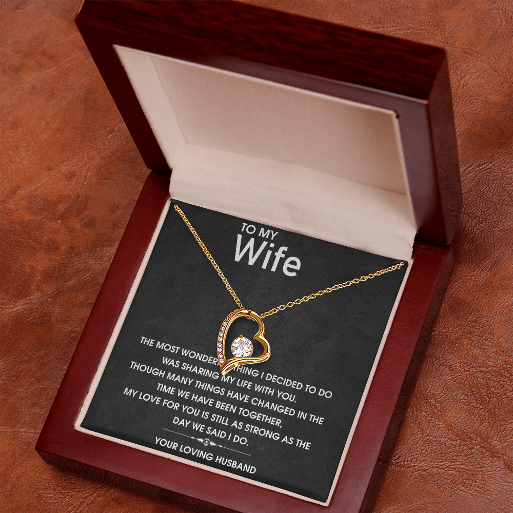 Forever Love Necklace for Wife, CZ Heart Pendant, Anniversary Gift, 14k White Gold or 18k Yellow Gold, Adjustable Chain