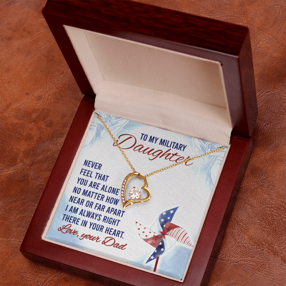 To My Military Daughter Forever Love Necklace – 14k White or 18k Yellow Gold, Cubic Zirconia Heart Pendant with Adjustable Chain – Perfect Gift from Dad, Military Daughter Gift