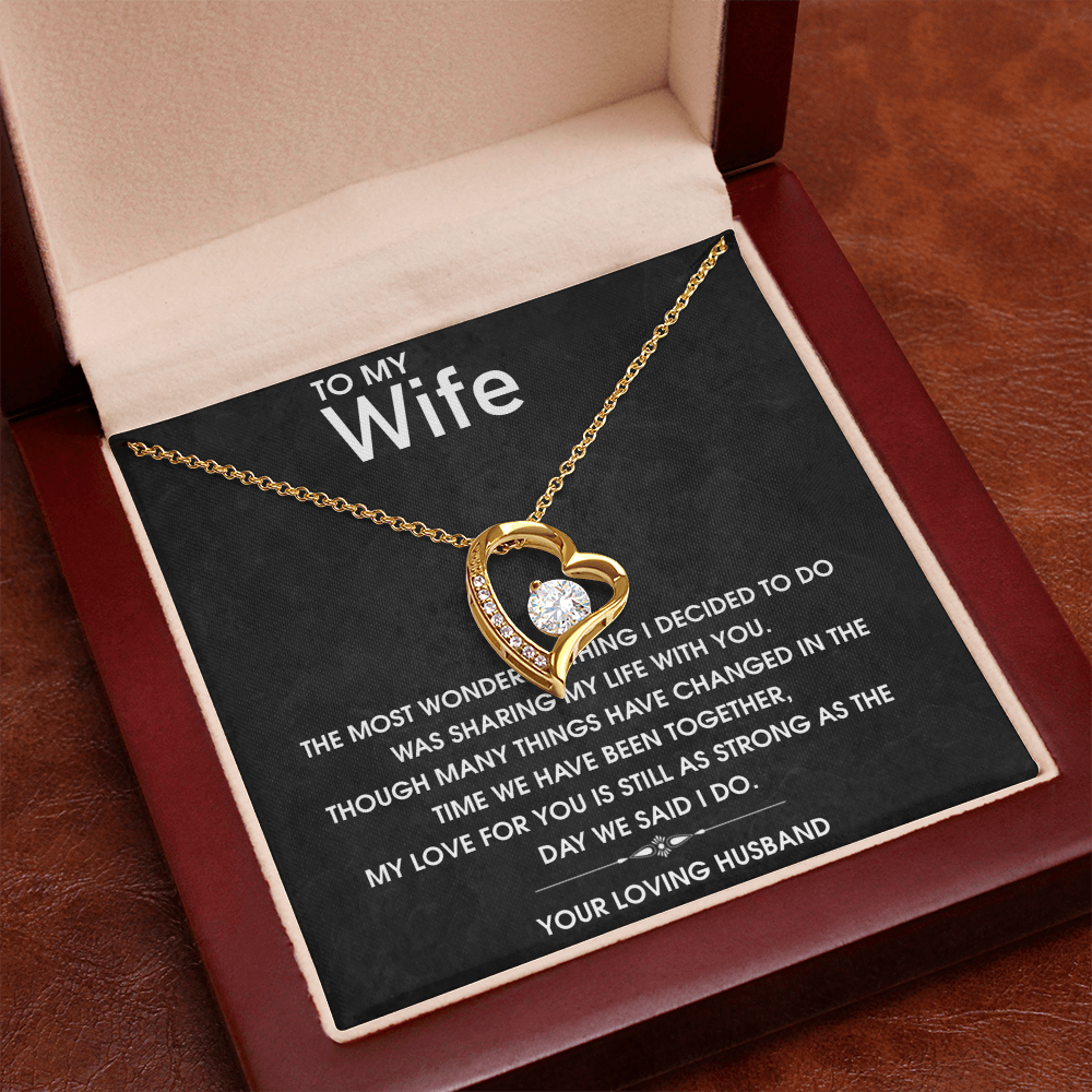Forever Love Necklace for Wife, CZ Heart Pendant, Anniversary Gift, 14k White Gold or 18k Yellow Gold, Adjustable Chain