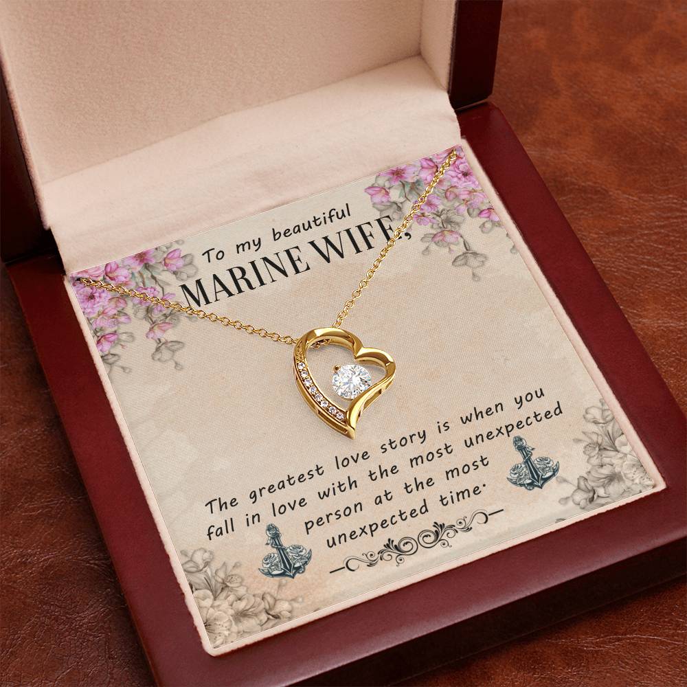 To My Beautiful Marine Wife - Forever Love Necklace with CZ Crystal - White or Yellow Gold - Adjustable Chain - Gift for Wife - Perfect Anniversary or Birthday Gift