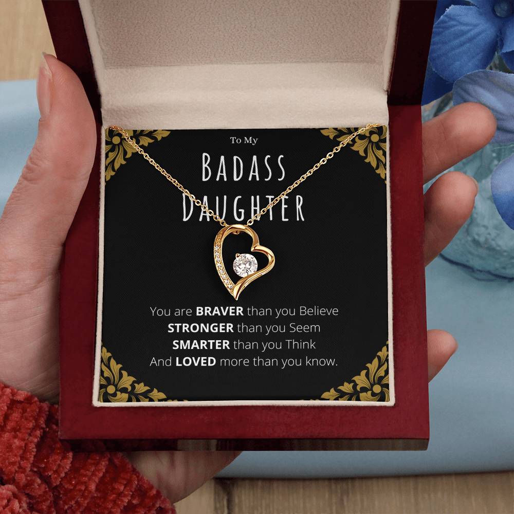 Badass Daughter Necklace Gift – White Gold Forever Love CZ Pendant from Mom or Dad