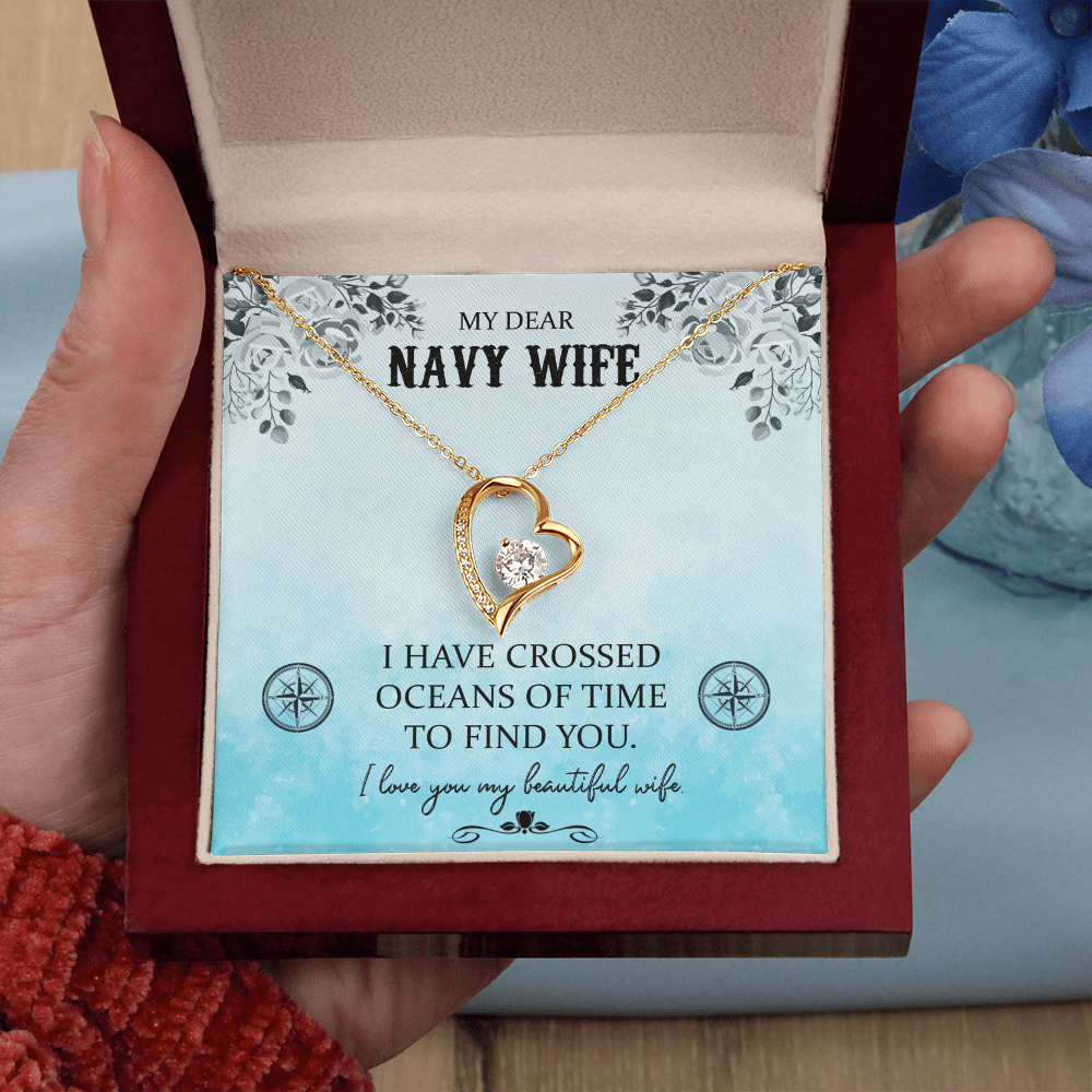 My Dear Navy Wife Forever Love Necklace – 6.5mm CZ Crystal Heart Pendant, Adjustable 18-22" Chain, White or Yellow Gold Finish, Romantic Gift for Wife