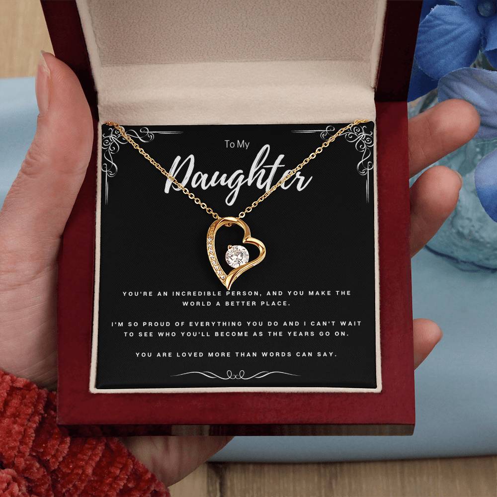 To My Daughter Necklace – Forever Love Heart Pendant with CZ Stone, Meaningful Gift from Mom or Dad