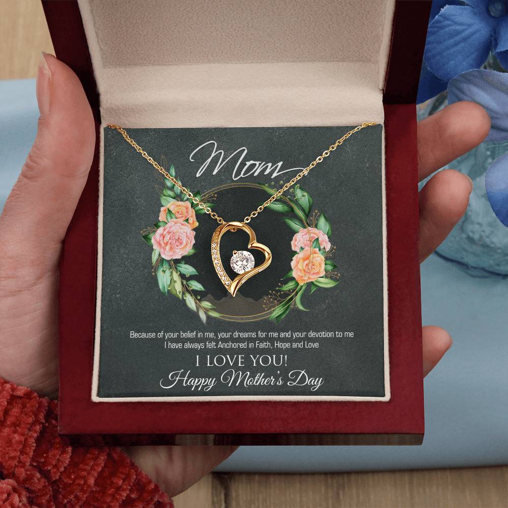 Forever Love Necklace for Mom - 6.5mm CZ Heart Pendant in White Gold or Yellow Gold Finish - Adjustable 18-22" Chain - Mother's Day Gift