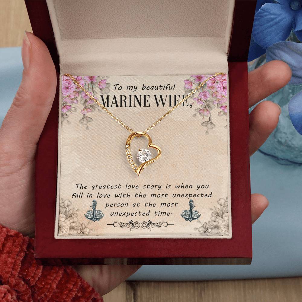To My Beautiful Marine Wife - Forever Love Necklace with CZ Crystal - White or Yellow Gold - Adjustable Chain - Gift for Wife - Perfect Anniversary or Birthday Gift