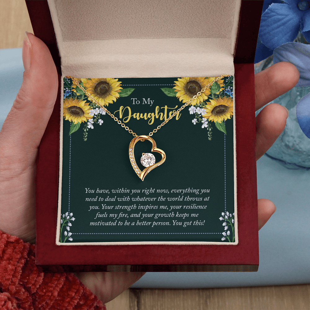 Forever Love Necklace for Daughter - 6.5mm CZ Heart Pendant, Adjustable Chain, 14k White Gold or 18k Yellow Gold, Inspirational Gift for Daughter, Motivational Jewelry Gift