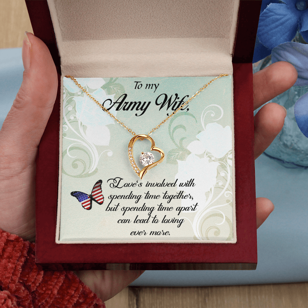 Forever Love Necklace for Army Wife – Heart CZ Pendant, White or Yellow Gold Finish, Romantic Gift for Her