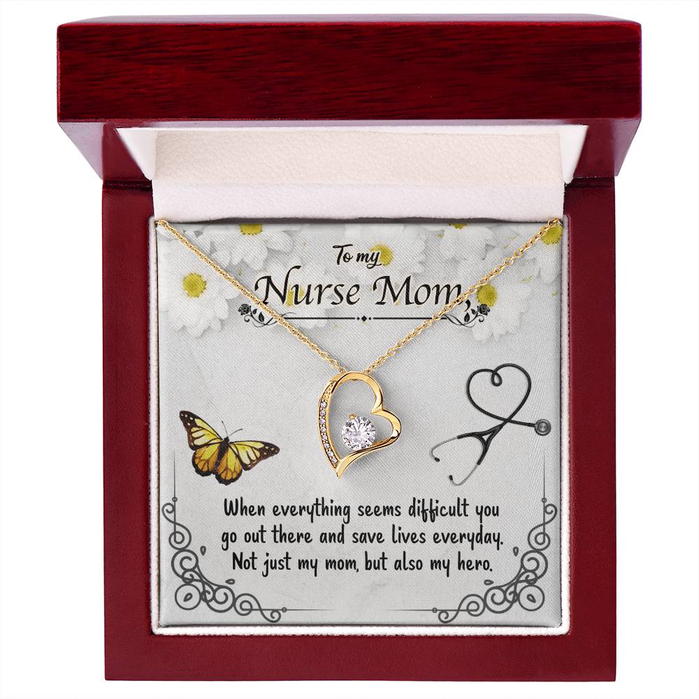 To My Nurse Mom – Forever Love Necklace with CZ Crystal Pendant, Inspirational Gift for Nurses, Hero Mom Jewelry, 14K White or Yellow Gold