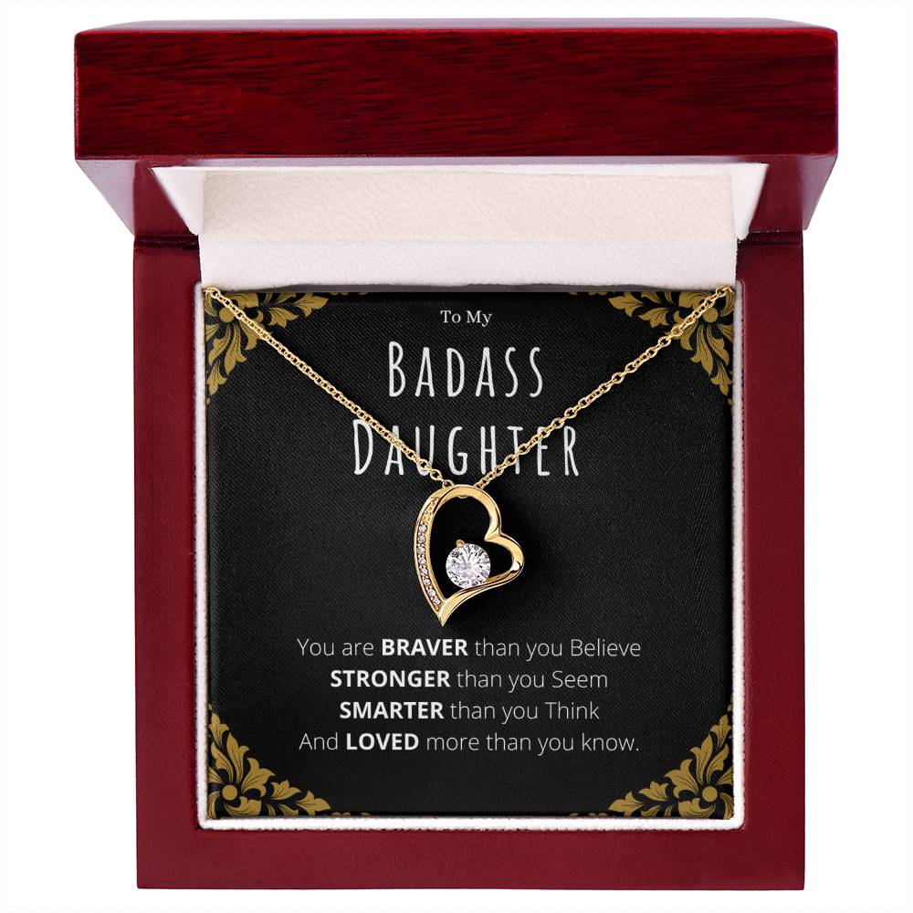 Badass Daughter Necklace Gift – White Gold Forever Love CZ Pendant from Mom or Dad