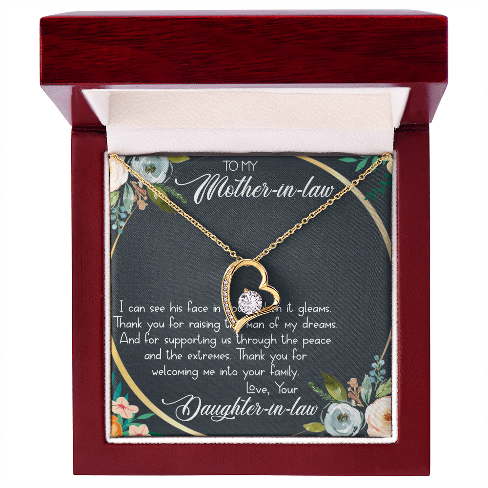 To My Mother-in-Law Forever Love Necklace - Heart Pendant with CZ Stone, Gift from Daughter-in-Law - Elegant Jewelry Gift Box Included