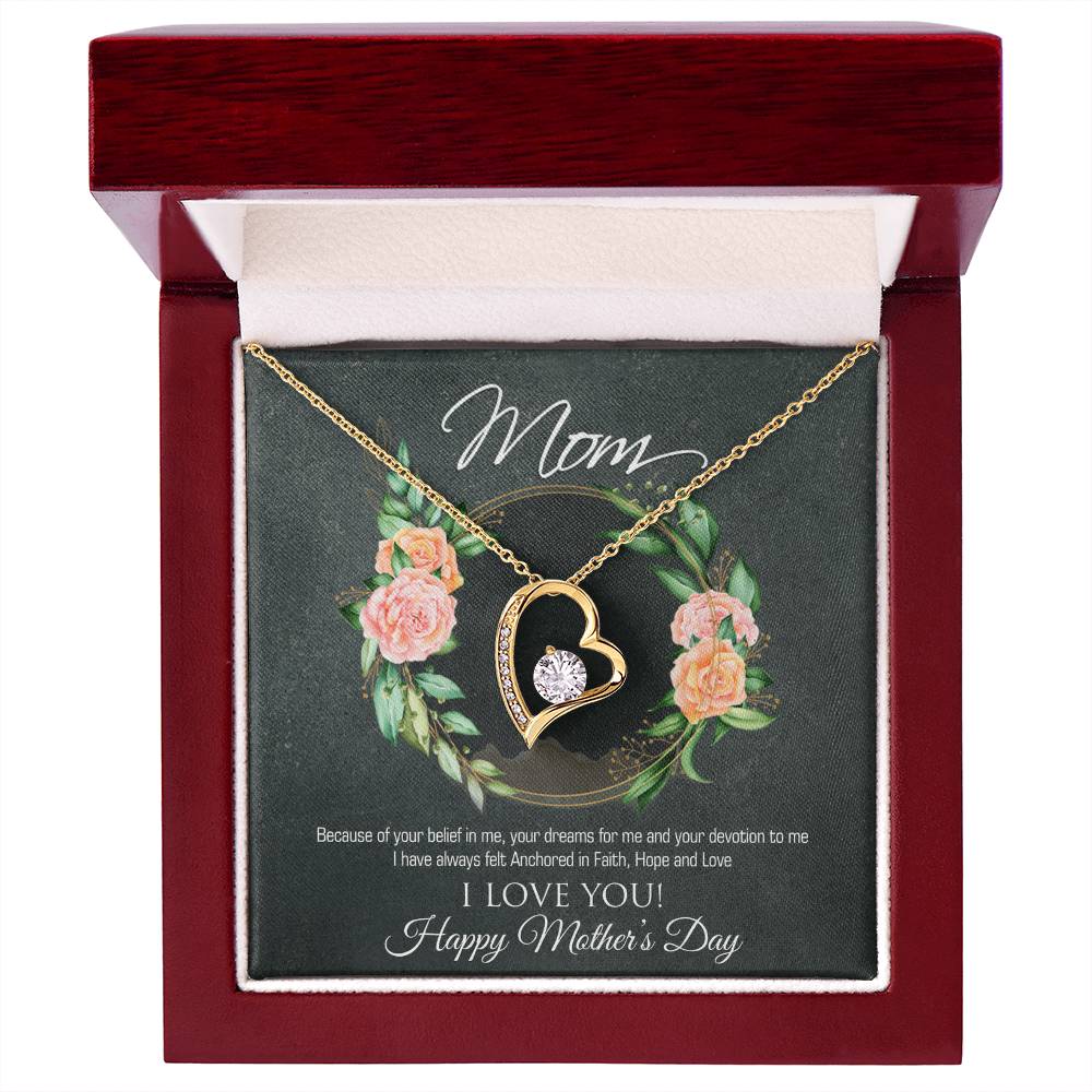 Forever Love Necklace for Mom - 6.5mm CZ Heart Pendant in White Gold or Yellow Gold Finish - Adjustable 18-22" Chain - Mother's Day Gift