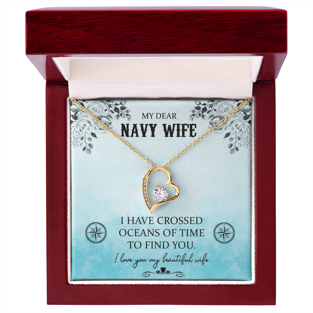 My Dear Navy Wife Forever Love Necklace – 6.5mm CZ Crystal Heart Pendant, Adjustable 18-22" Chain, White or Yellow Gold Finish, Romantic Gift for Wife