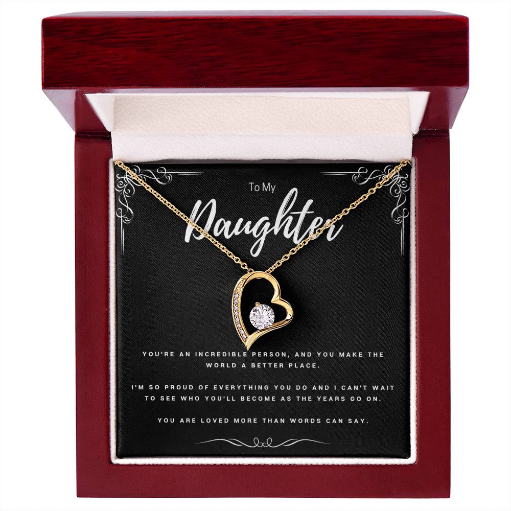 To My Daughter Necklace – Forever Love Heart Pendant with CZ Stone, Meaningful Gift from Mom or Dad