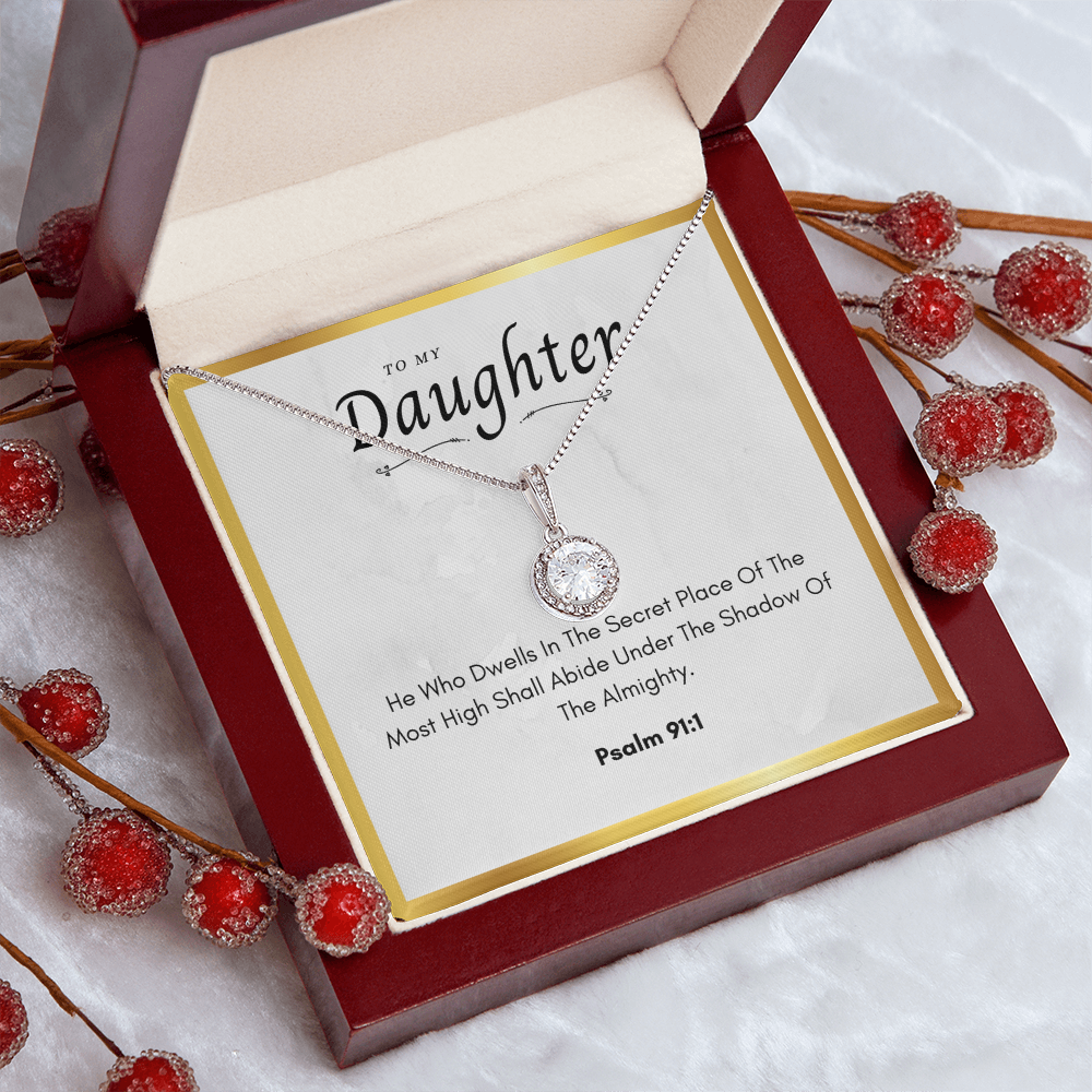 To My Daughter Eternal Hope Necklace with Psalm 91:1 Card - 14K White Gold Over Stainless Steel, CZ Pendant Necklace, Gift for Daughter from Mom or Dad