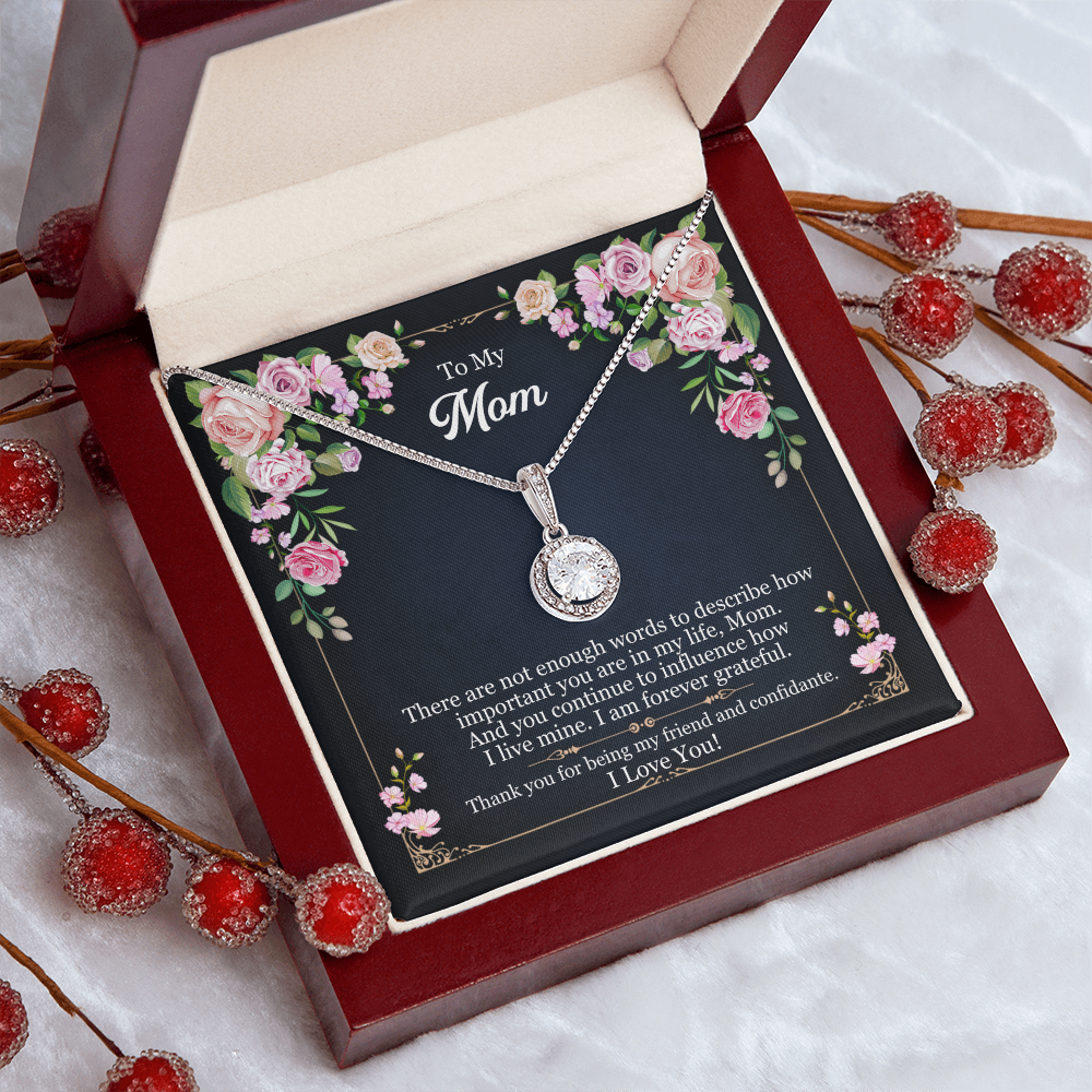 To My Mom – 14k White Gold Finish Necklace with Cushion-Cut CZ Crystal – Adjustable Pendant Necklace Gift for Mom