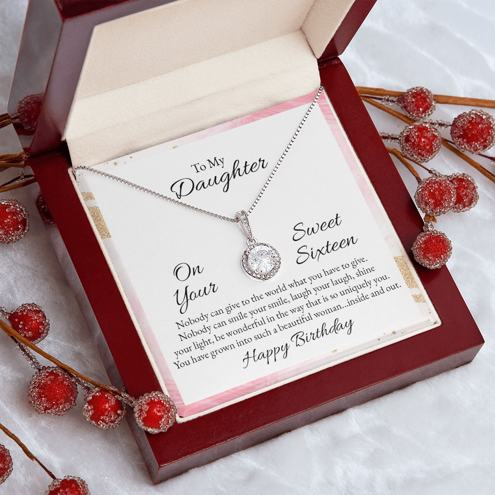 Eternal Hope Necklace for Daughter - Sweet 16 Birthday Gift - 8mm CZ Cushion Cut Pendant in White Gold Finish - Adjustable Chain with Lobster Clasp
