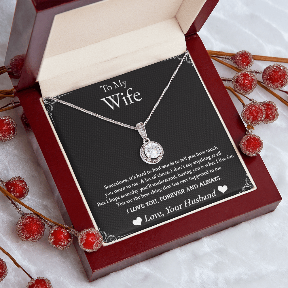 To My Wife Eternal Hope Necklace - 8mm Cushion Cut CZ Crystal Pendant, 14K White Gold Finish, Adjustable Chain – Elegant Gift for Her